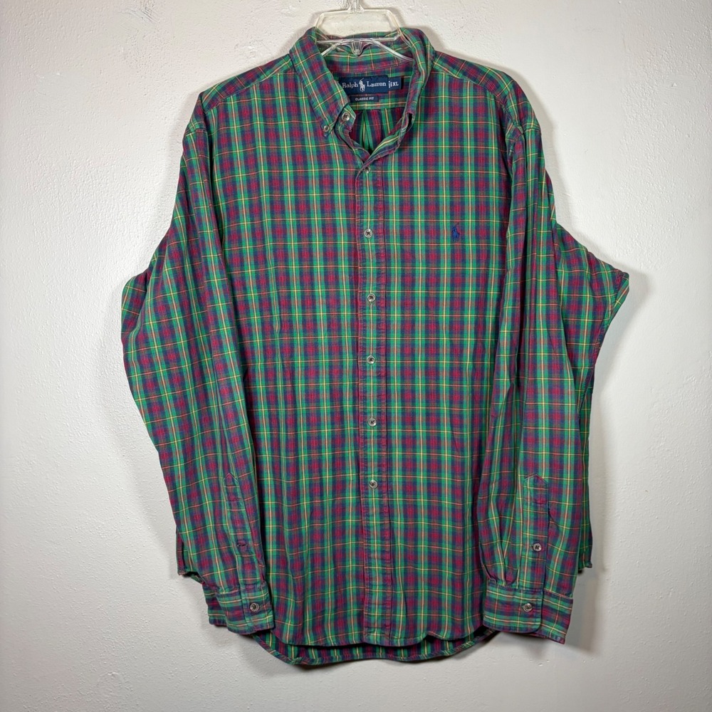 Ralph Lauren Mens XL Classic Fit Plaid Button Down Shirt Green Red Long Sleeve